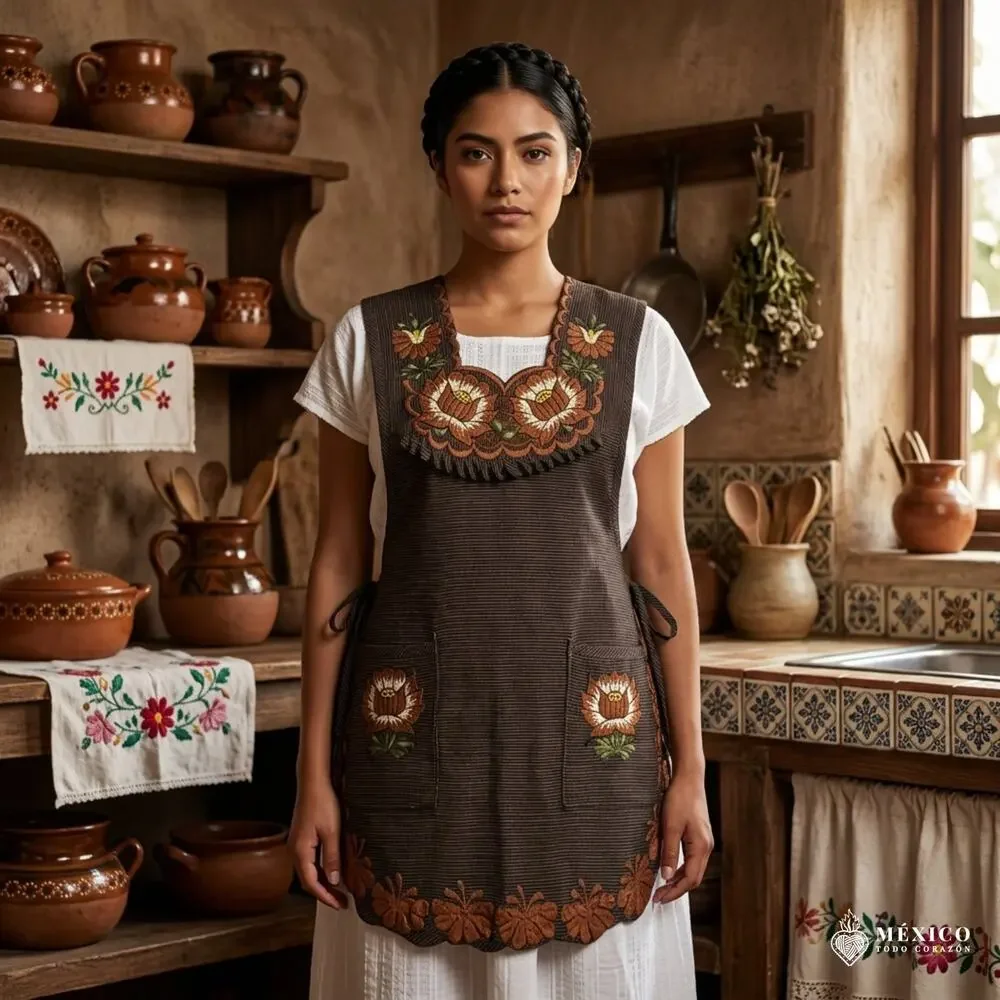 Brown Mexican Embroidered Smock Apron – Floral Traditional Design